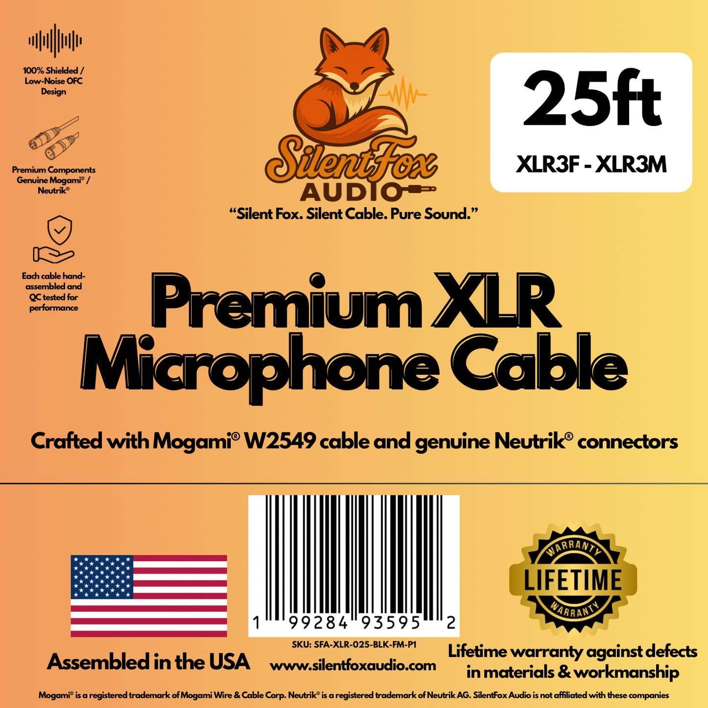 SilentFox Audio Premium XLR Microphone Cable, 25 ft, Black, XLR3F–XLR3M, Balanced