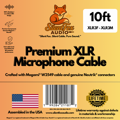 SilentFox Audio Premium XLR Microphone Cable, 10 ft, Black, XLR3F–XLR3M, Balanced